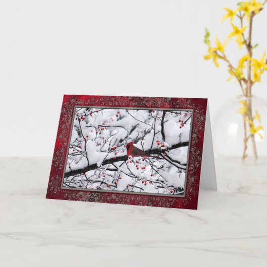 レッド(鳥)ショウジョウコウカンチョウスノーツリーフォト誕生日 カード (黄色い花)