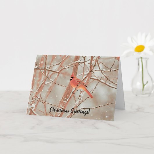 レッド(鳥)ショウジョウコウカンチョウスノーバードアートクリスマスホリデーカード カード (小さな植物)