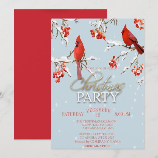 レッド（鳥）ショウジョウコウカンチョウツリーブランチクリスマス 招待状 (正面/裏面)