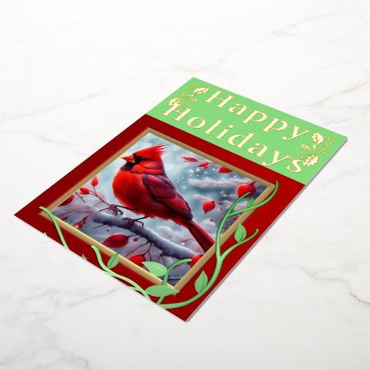 レッド(鳥)ショウジョウコウカンチョウハッピーホリデイズフォイルグリーティングカード 箔招待状 (回転した状態)