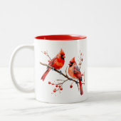レッド（鳥）ショウジョウコウカンチョウバーズオンホリーツリーブランチ ツートーンマグカップ (左)