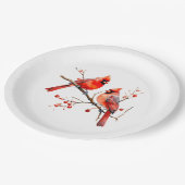 レッド（鳥）ショウジョウコウカンチョウバーズオンホリーツリーブランチ ペーパープレート (アングル)