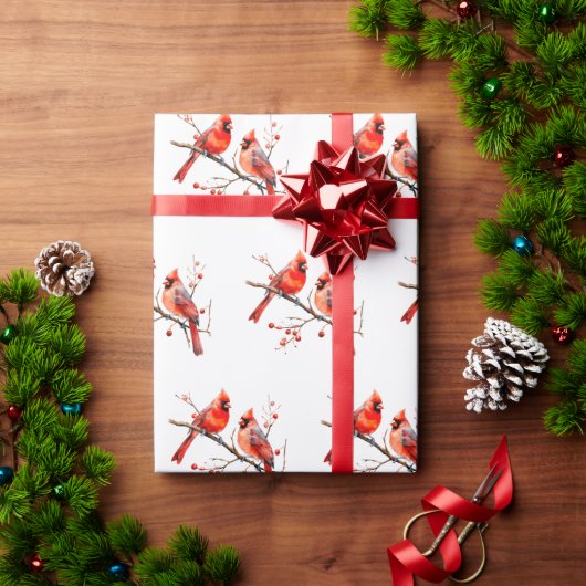 レッド（鳥）ショウジョウコウカンチョウバーズオンホリーツリーブランチ ラッピングペーパー (クリスマスギフト)