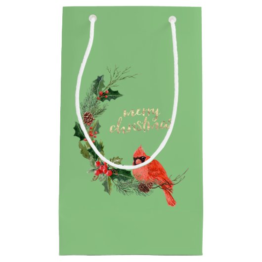 レッド(鳥)ショウジョウコウカンチョウバードホリーベリークリスマス スモールペーパーバッグ (正面)