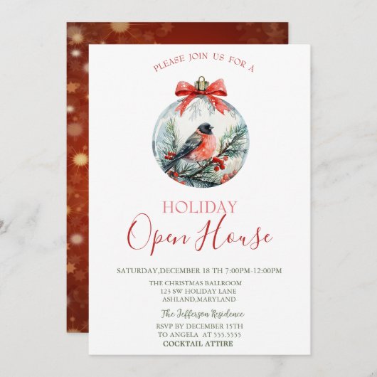 レッド(鳥)ショウジョウコウカンチョウバードホリーベリーボールクリスマス 招待状 (正面/裏面)