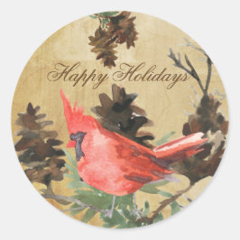 レッド（鳥）ショウジョウコウカンチョウパインコーンクリスマスホリデーステッカー ラウンドシール