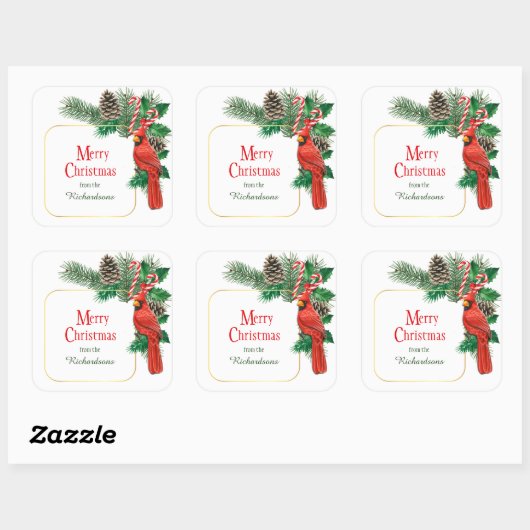 レッド（鳥）ショウジョウコウカンチョウパインコーンブーケクリスマス スクエアシール (シート)