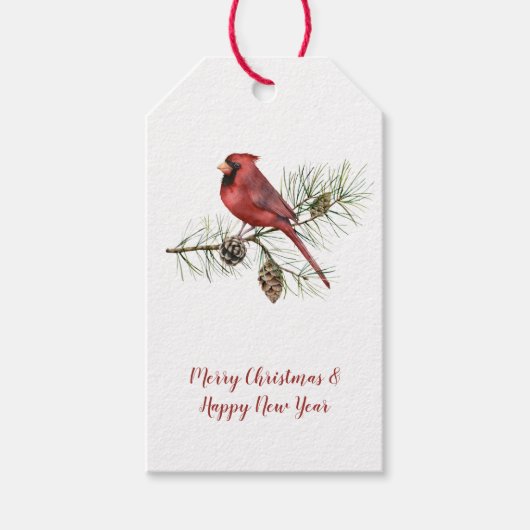 レッド(鳥)ショウジョウコウカンチョウパインブランチパインコーンクリスマス ギフトタグ (正面)