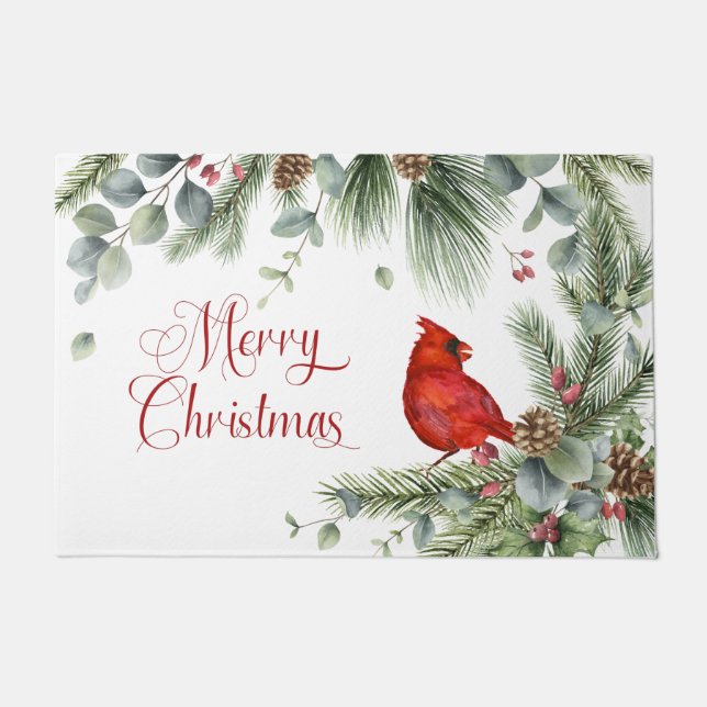 レッド（鳥）ショウジョウコウカンチョウパインブランチパインコーンベリーズ ドアマット (正面)