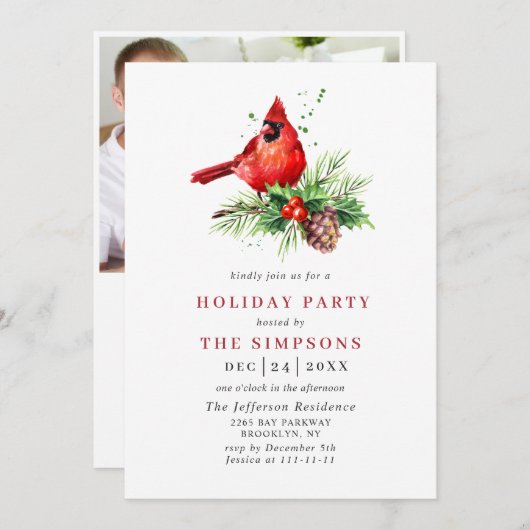 レッド(鳥)ショウジョウコウカンチョウホリーベリークリスマスホリデーパーティー 招待状 (正面/裏面)