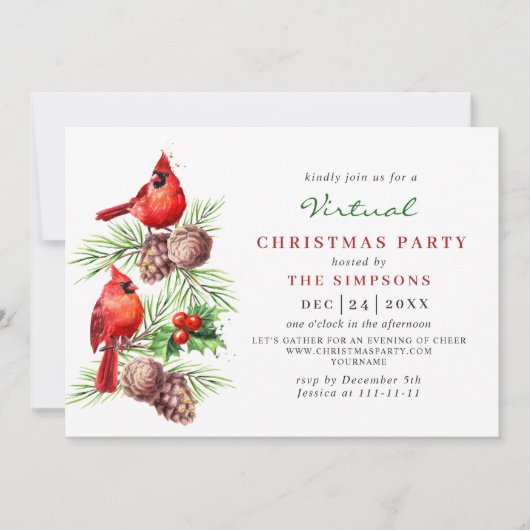 レッド(鳥)ショウジョウコウカンチョウホリーベリーバーチャルクリスマスパーティー 招待状 (正面)