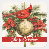 レッド(鳥)ショウジョウコウカンチョウメリークリスマスステッカー スクエアシール (正面)