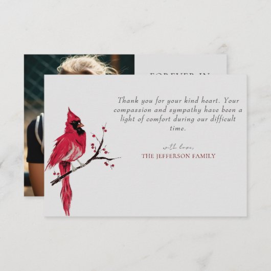 レッド（鳥）ショウジョウコウカンチョウ写真葬儀サンキューカード サンキューカード (正面/裏面)