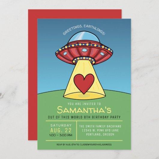 レッドUFOエイリアン誕生日パーティーの招待 招待状 (正面/裏面)