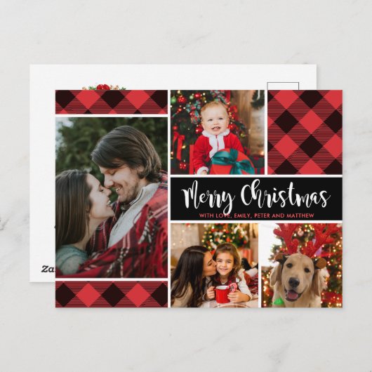 レッモダンドバッファロープレイド4フォトコラージュクリスマス ポストカード (正面/裏面)