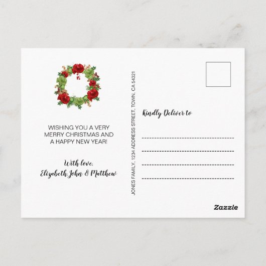 レッモダンドバッファロープレイド4フォトコラージュクリスマス ポストカード (裏面)