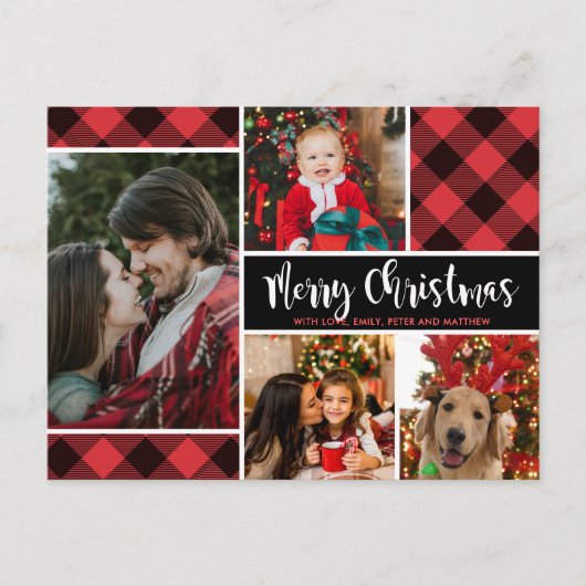 レッモダンドバッファロープレイド4フォトコラージュクリスマス ポストカード (正面)