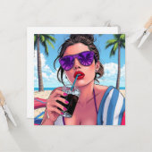 レディかわいらしアットビーチアポップ・アートのート空白の カード (正面/裏面インサイチュ)