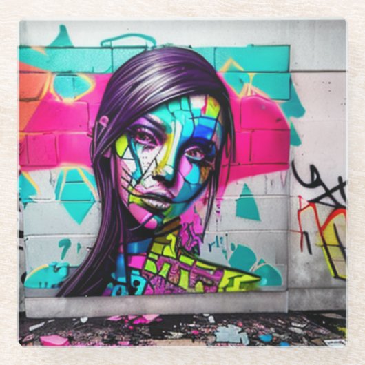 レディかわいらしアーバンアートカラフルグラフィティ ガラスコースター (正面)