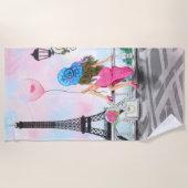 レディかわいらしーウィズピンクハートバルーン – アイラブパリ ビーチタオル (正面)