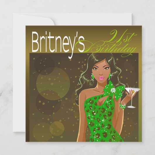 レディかわいらし誕生日カクテルオリーブ/グリーン 招待状 (正面)