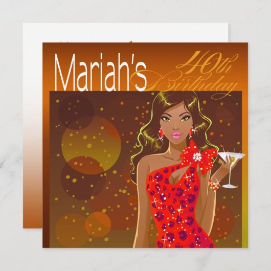 レディかわいらし誕生日カクテルパーティーオレンジ/赤 招待状 (正面/裏面)