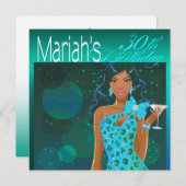 レディかわいらし誕生日カクテルパーティーティール(緑がかった色)/アクア 招待状 (正面/裏面)