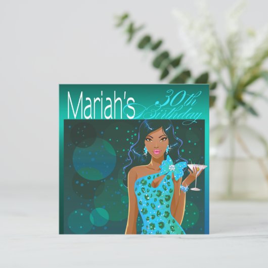 レディかわいらし誕生日カクテルパーティーティール（緑がかった色）/アクア 招待状 (スタンド正面)