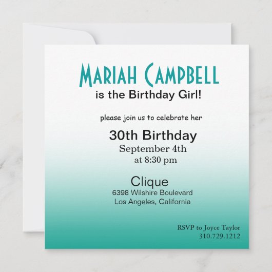 レディかわいらし誕生日カクテルパーティーティール（緑がかった色）/アクア 招待状 (裏面)