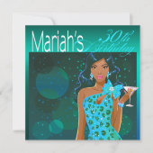 レディかわいらし誕生日カクテルパーティーティール（緑がかった色）/アクア 招待状 (正面)