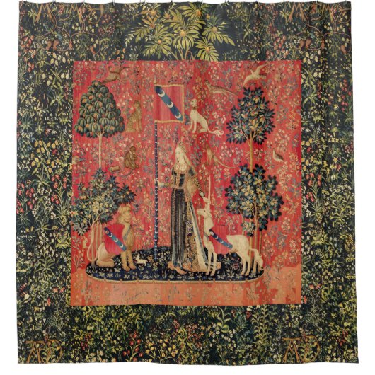 レディとユニコーンのライオン、ファンタジーの花、動物 シャワーカーテン (正面)