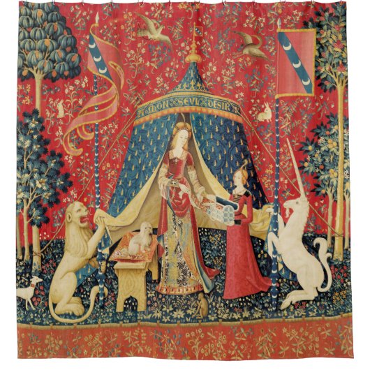 レディとユニコーンのライオン、ファンタジーの花、動物 シャワーカーテン (正面)