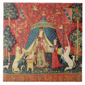 レディとユニコーンのライオン、ファンタジーの花、動物 タイル (正面)