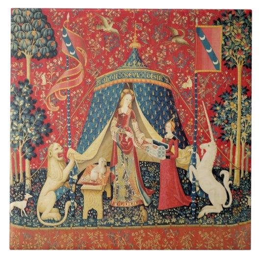 レディとユニコーンのライオン、ファンタジーの花、動物 タイル (正面)