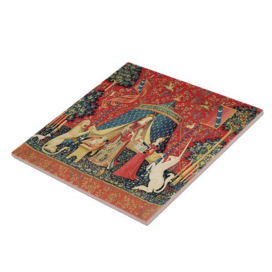 レディとユニコーンのライオン、ファンタジーの花、動物 タイル (側面)