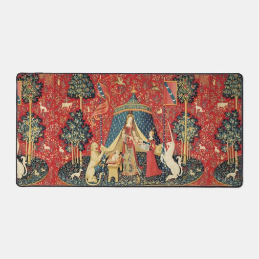 レディとユニコーンのライオン、ファンタジーの花、動物 デスクマット (正面)