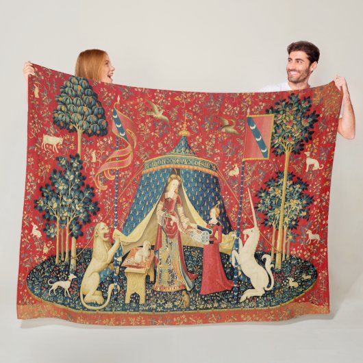 レディとユニコーンのライオン、ファンタジーの花、動物 フリースブランケット (インサイチュ)