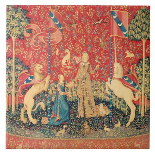 レディとユニコーンファンタジーの花、動物 タイル (正面)