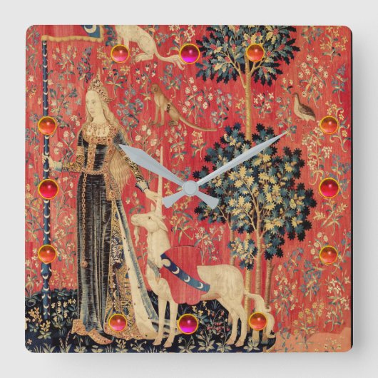 レディとユニコーンファンタジーの花、動物、宝石 スクエア壁時計 (正面)