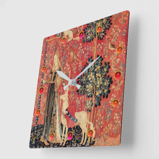 レディとユニコーンファンタジーの花、動物、宝石 スクエア壁時計 (傾斜)