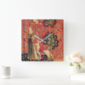 レディとユニコーンファンタジーの花、動物、宝石 スクエア壁時計 (ホーム)