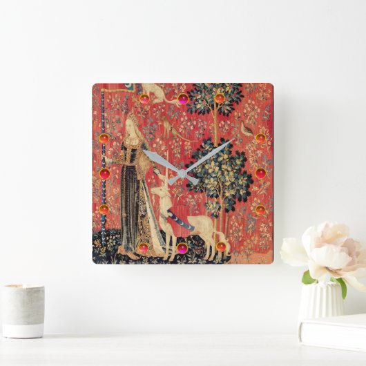 レディとユニコーンファンタジーの花、動物、宝石 スクエア壁時計 (ホーム)