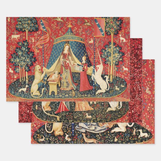 レディとユニコーンライオン、ファンタジー花、動物の包み ラッピングペーパーシート (セット)