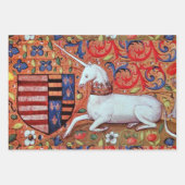 レディとユニコーンライオン、花、動物の中世戦 ラッピングペーパーシート (正面2)