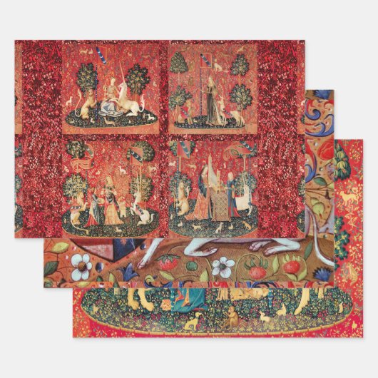 レディとユニコーンライオン、花、動物の中世戦 ラッピングペーパーシート (セット)