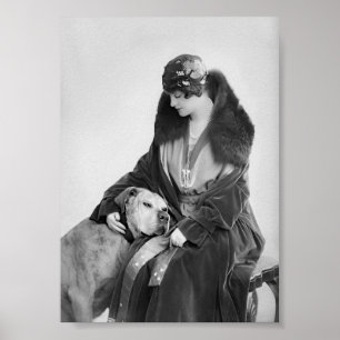 レディと彼女の犬、白黒ヴィンテージアート ポスター
