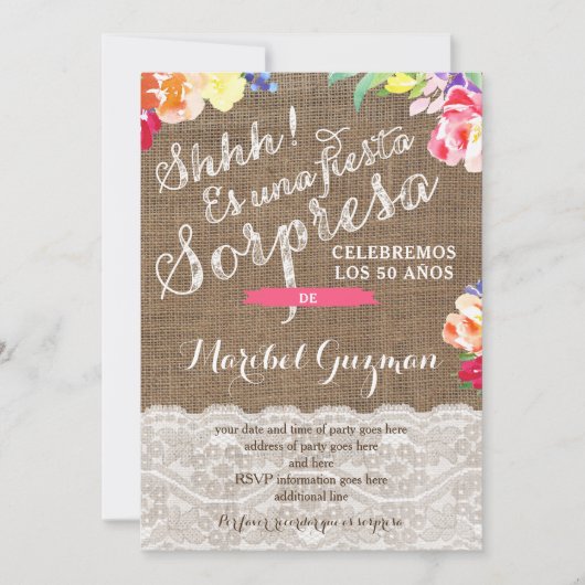 レディのためのサプライズ誕生日パーティーの招待状スペインの、 招待状 (正面)