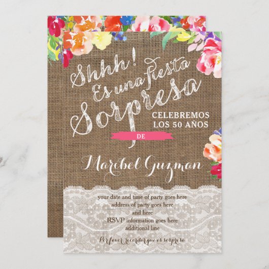 レディのためのサプライズ誕生日パーティーの招待状スペインの、 招待状 (正面/裏面)