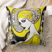 レディエレガントイエロー&ブラックアールヌーボー クッション (ブランケット)