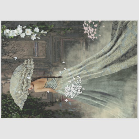 レディエレガントグリーンドレスパラソルオールドドアフローラ 薄葉紙 (正面)